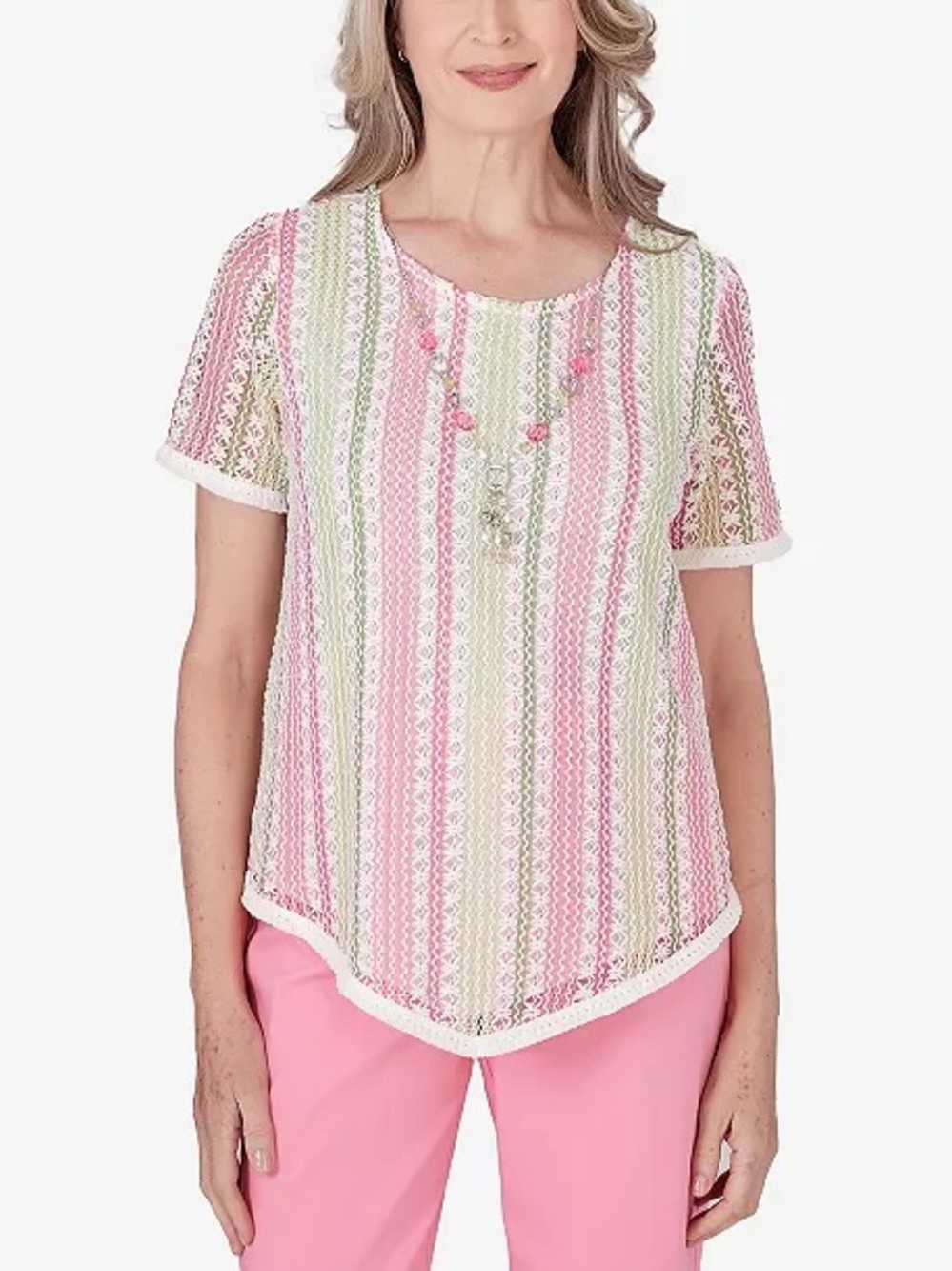 Alfred Dunner Women's Pink & Green Striped Lace Short-Sleeve Top Size L